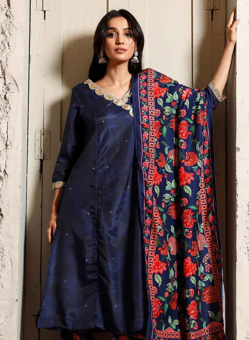 Qissa  Women's Navy Blue Botanical Block Kurta With Trousers & Dupatta For Casual Wear | V-Neck | Quarter Sleeve | 3 Piece Kurta Set Designed With Comfort Fit For Everyday Ethnic Wear for Women | Best Price UAE